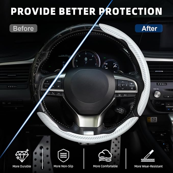 3pcs Carbon Fiber Anti-Skid Steering Wheel Cover, Waterproof Design, Universal Fit for 14-16 Inch Car Wheel Cover, Interior Car Accessories for Jeeps, SUVs, Trucks (Glossy White)