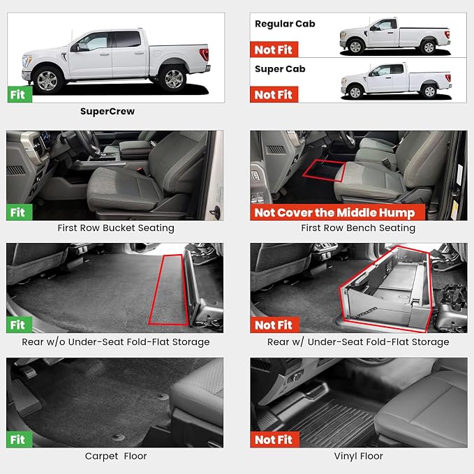 Floor Mats for Ford F-150 2015-2026 | F150 Lightning 2022-2025 SuperCrew (Rear w/o Fold Flat Storage) Carpet Floor All Weather Protector TPE Truck Liners- 1st & 2nd Row, 3pcs Black