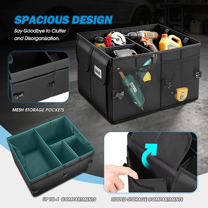Trunk Organizer for SUV, Large Capacity Car Organizer and Storage with 4 Compartment, Foldable Trunk Organizer for Car, 60L Black