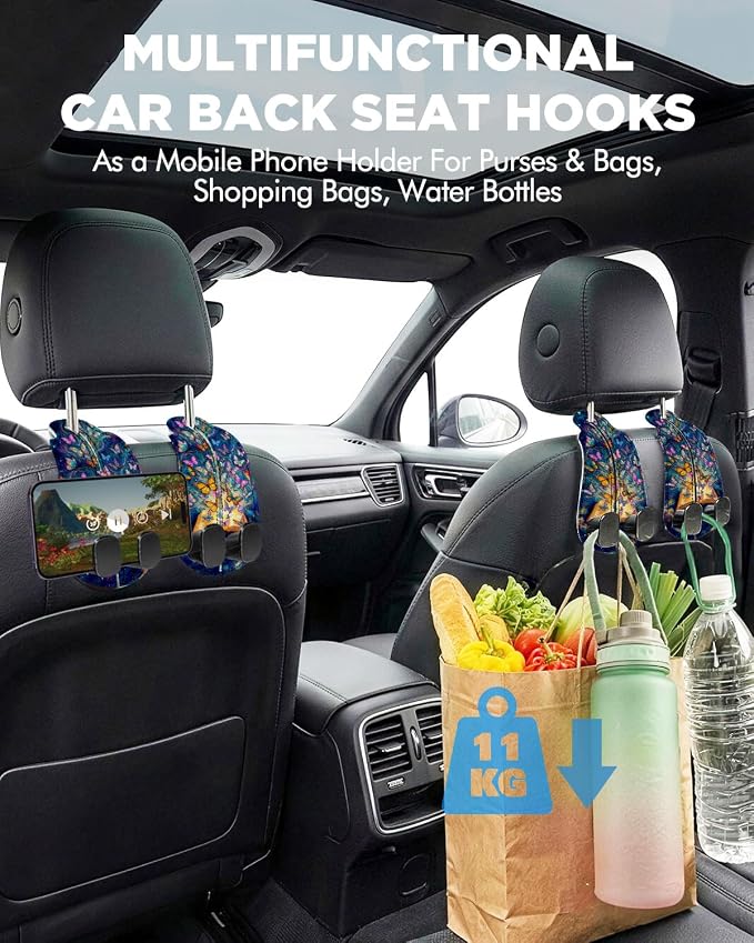 Purse Holder for Car, 2 Pack Heavy Duty Purse Hanger for Car, PU Leather Car Seat Hooks for Purses and Bags, Cute Butterfly Headrest Organizer for Handbags & Backpacks