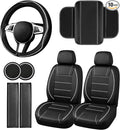 10 PCS Leather Car Seat Covers Front Set, 14.5”-15'' Sporty Steering Wheel Cover Universal, Center Console Cover, Seat Belt Cushion, Cup Holder Coaster, Car Interior Set White