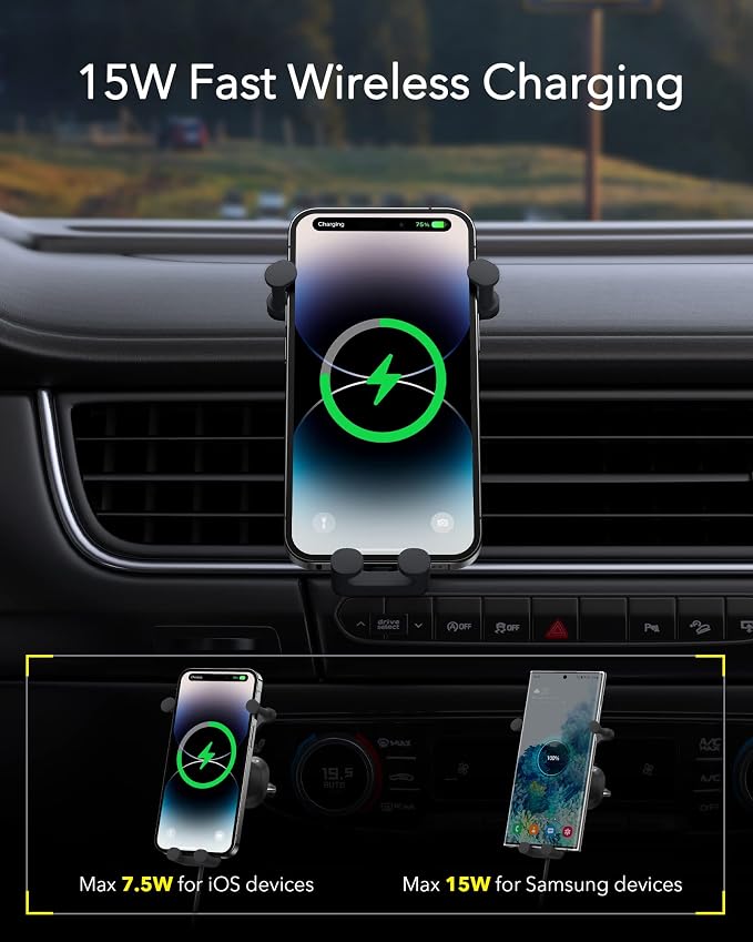 Wireless Car Charger, 15W Fast Charging Phone Mount for Car Vent, Car Phone Holder with Enlarged Charging Coil for iPhone 15 14 13 12 11 10 8 Pro Max Xs, Samsung Galaxy S&Note Series Google LG