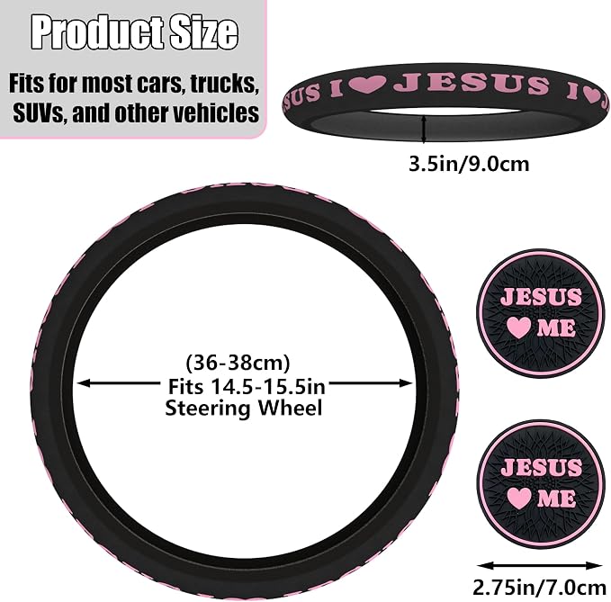 Christian I Love Jesus Pink Steering Wheel Cover for Women & Girls with 2 Pack Car Coasters, Pink Car Accessories, Christian Gifts for Women, Universal 15" Fit for Cars, SUVs, Trucks