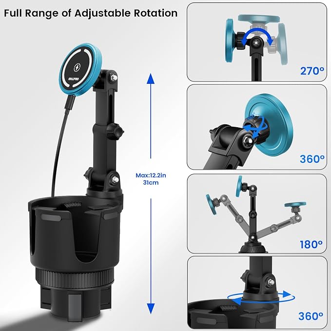 for MagSafe Car Charger Cup Holder Mount, 15W Fast Wireless Magnetic Charging Phone Holder for iPhone 17 16 15 14 13 Series, Adjustable Car Mount with Large Cup Base, One-Hand Operation