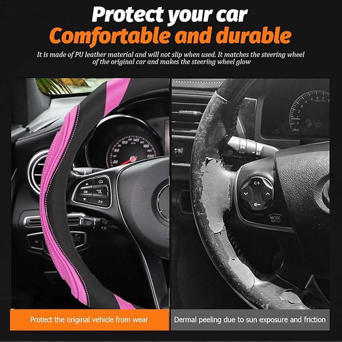 15 Inch Car Leather Steering Wheel Cover, Automotive Accessories Elastic Breathable Anti-Slip Soft Wheel Protector Fits Men and Women, Suitable for SUVs, Trucks, Vehicles and RVs (Pink)
