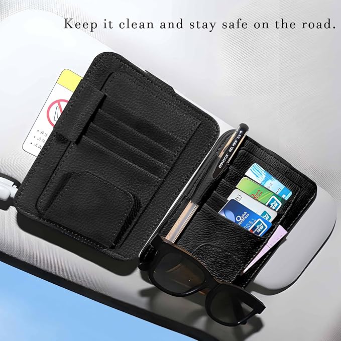 2 Pcs Car Sun Visor Organizer, Black | Premium Leather, Sunglasses Holder, Multi Functional Storage Bag, Card Document Holder
