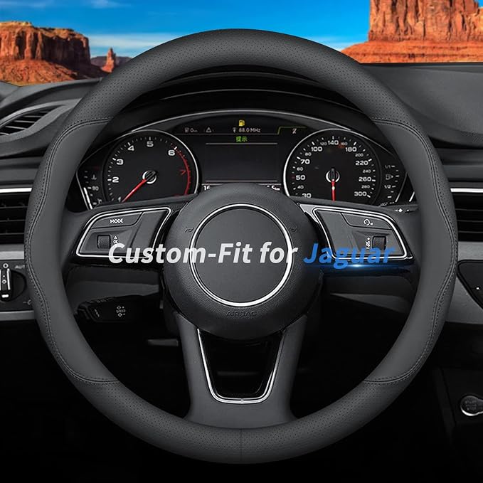 Custom-Fit for Jaguar Steering Wheel Cover, Premium Leather Car Steering Wheel Cover with Logo, Non-Slip, Breathable (B-Style,for Jaguar)