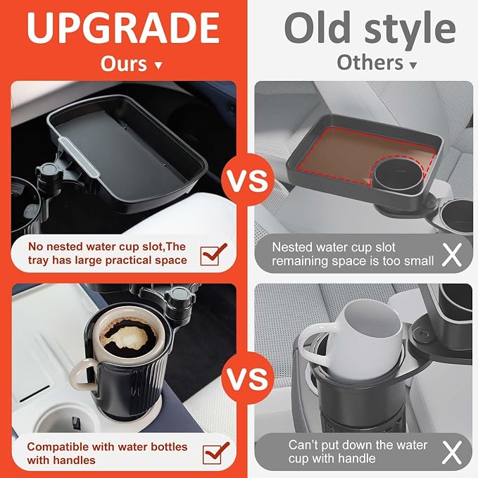 Car Large Cup Holder Expander, 2-in-1 Cupholder Extender with Swivel and Detachable Snack Food Tray Table for Eating, Travel Essentials for Road Trips for Driver. Model B