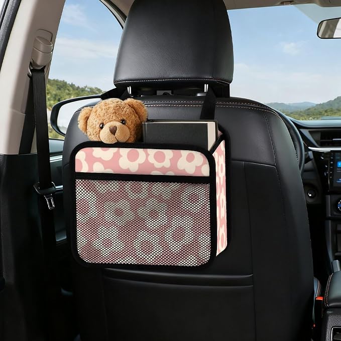 Car Backseat Organizer - Cute Aesthetic Car Storage Bin with Mesh Pocket & Reinforced Base - Universal Fit Hanging Seat Back Accessories for Women (Pink)