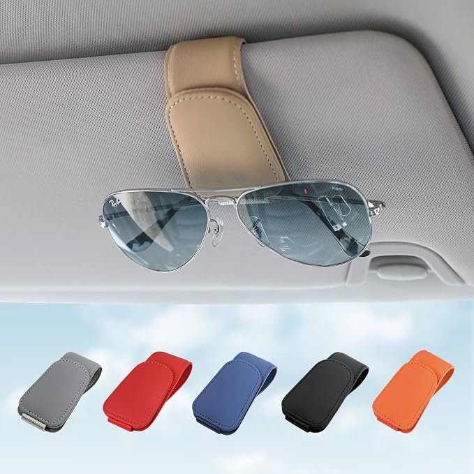 Sunglass Holder for Car Visor Sunglasses Clip Magnetic Leather Glasses Eyeglass Holder Truck Car Interior Accessories Universal for Woman Man -Beige