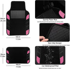 10 Pcs Car Floor Mats Full Set & Sport Leather Steering Wheel Cover 14.5-15 inch, Center Console Cover, Seat Belt Cushion, Cup Holder Coaster, Universal Automobile Interior Sets (Pink)