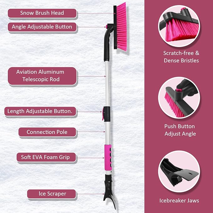 39in Car Snow Brush Ice Scraper 360° Rotating, Magenta Pink
