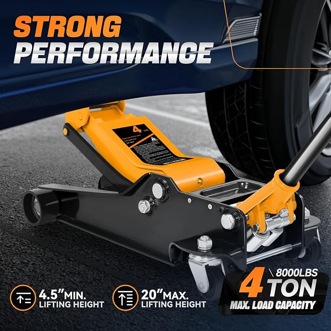 4 Ton Low Profile Floor Jack, Heavy Duty Steel Hydraulic Car Jack with Dual Pistons Quick Lift Pump, Hydraulic Racing Floor Jack, Lifting Range 4.5" to 20", Orange