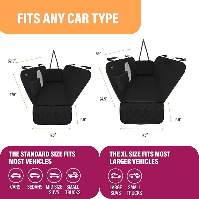 Dog Car Seat Cover for Back Seat, Waterproof Pet Protection Hammock, SUV Truck Car Backseat Protector with Safety Features, XL, Black
