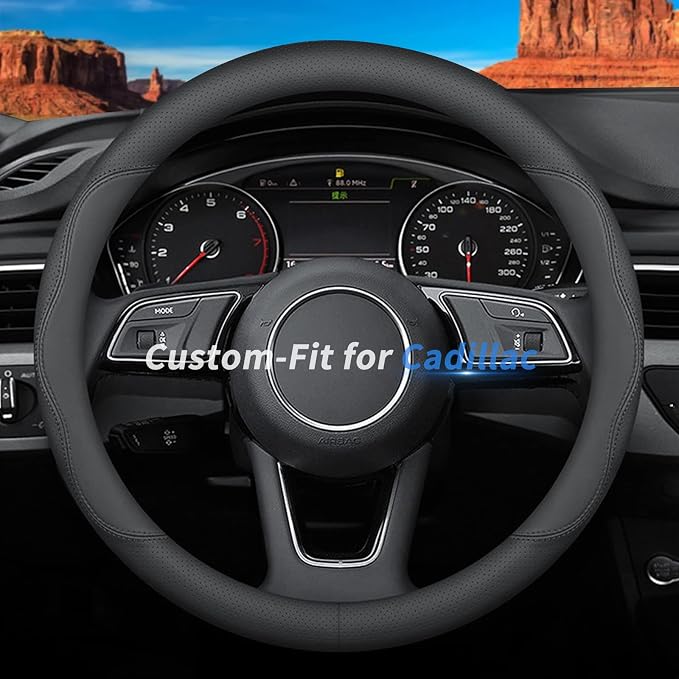 Deer Route Custom-Fit for Cadillac Steering Wheel Cover, Premium Leather Car with Logo, Non-Slip, Breathable, Accessories (B-Style, Cadillac)