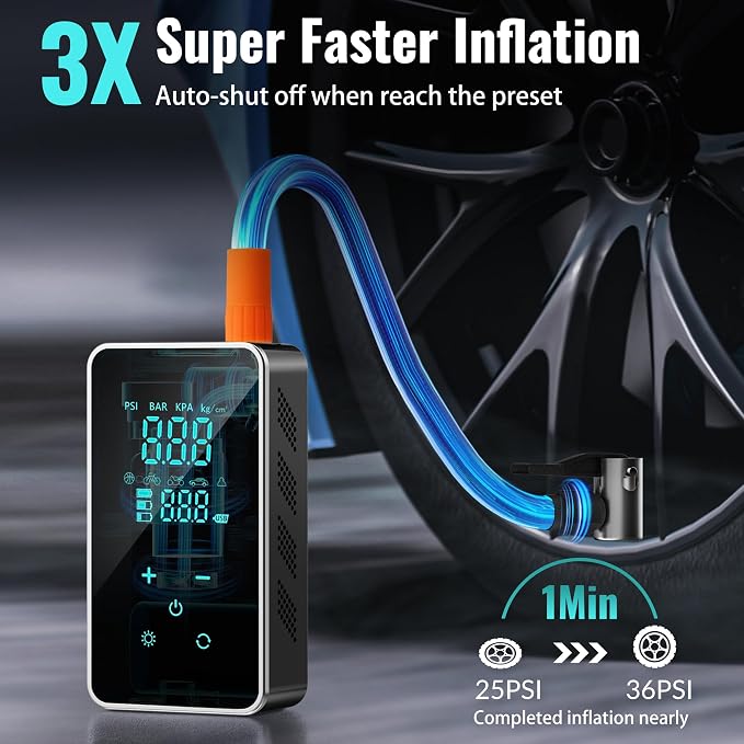 Tire Inflator Portable Air Compressor, 150 PSI Cordless Air Pump for Car Tires, Bike Pump with Tire Pressure Gauge, LED Light, Digital Touch Screen for Car, Motorcycle, Bicycle, Balls