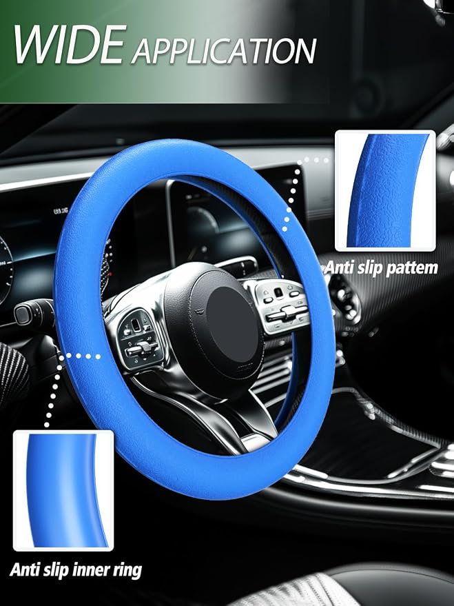 Car Steering Wheel Cover, Non-Slip Silicone Material, Multiple Color Choices, Universal Auto Parts Steering Wheel Cover, Suitable for Most Cars (Blue)
