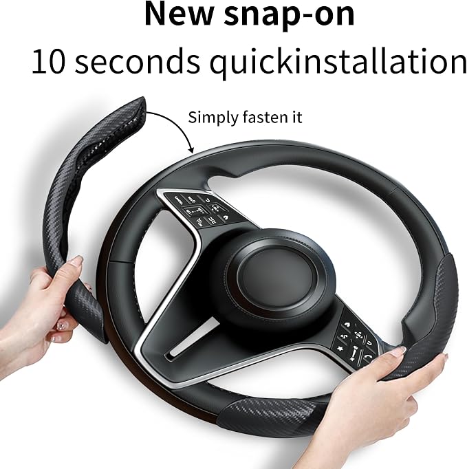 2Pc Carbon Fiber Steering Wheel Cover Universal Fit 99% Cars | Non-slip soft grip, easy to wipe clean, quick to install, perfect for daily commutes and road trips, Black