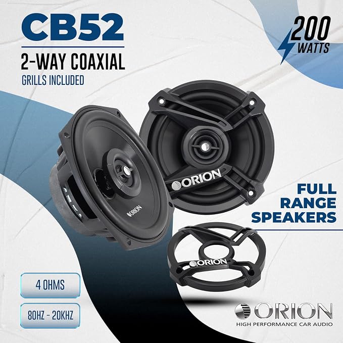 ORION Cobalt Series CB52 5.25” 2-Way Coaxial Car Speakers, 200W, 4 Ohms, Full Range, Enhanced Bass, Polypropylene Cone & Butyl Rubber Surround, Easy Install, Grills Included (Pair)