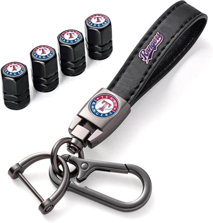 for TX Rangers Baseball Fans Car Keychain with Tire Valve Caps, Car Keyring and Valve Stem Caps Compatible with Key Fob Holder, Delicate Gifts for Men Women, Rangers