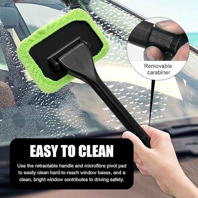 Car Windshield Cleaning Tool, Microfiber Auto Window Cleaner with 4 Cloth Pads & Long Handle, Reusable Window Cleaning Tool Kit for RV SUV Truck, Car Accessories (Green)