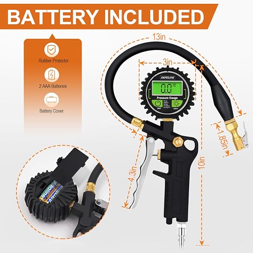 Digital Tire Pressure Gauge with Inflator, 250 PSI Air Chuck with Pressure Gauge and Air Compressor Tire Inflator Attachment Include Quick Connect Coupler, 0.1 Display Resolution