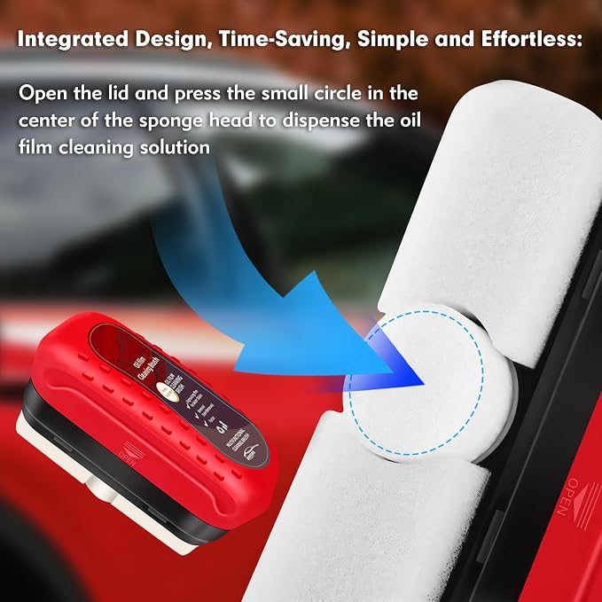 Automotive Oil Film Cleaning Brush, Car Glass Oil Film Cleaner, Anti-Rain Fog Car Glass Cleaner, Car Windshield Cleaner for Improved Clarity and Visibility (1, Red)