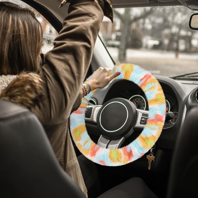 Fuzzy Car Steering Wheel Cover, Universal Fluffy Auto Wheel Cover & Handbrake Cover & Gear Shift Cover Set, Soft Warm Steering Wheel Protector Car Accessories for Men Women Girls, Colorful