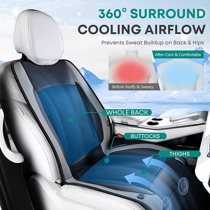 Cooling Car Seat Cover Front Seat, 12V-24V Ventilated Seat Cushion, Cooling Car Seat Cushion with 2 Powerful Turbo Fans 3-Speed Adjustable for Summer Driving, Universal Fit for Car SUV Truck