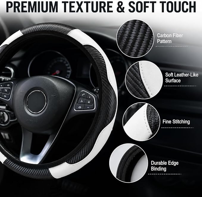 Car Steering Wheel Cover 15 inch, Microfiber PU Leather Elastic Steering Wheel Protector, Anti-Slip Breathable Car Interior Accessories for Most Cars (White)