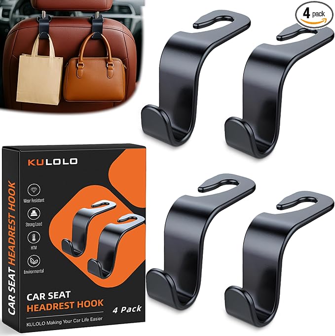 Car Seat Hooks & Purse Holder - 4 Pack Boxed,55 lb Heavy Duty,Eco PP Car Hooks for Purse/Bag/Baby Gear/Gym Bag/Groceries/Cup/,Fits 0.32-0.55”Car Headrest Rods (Black)