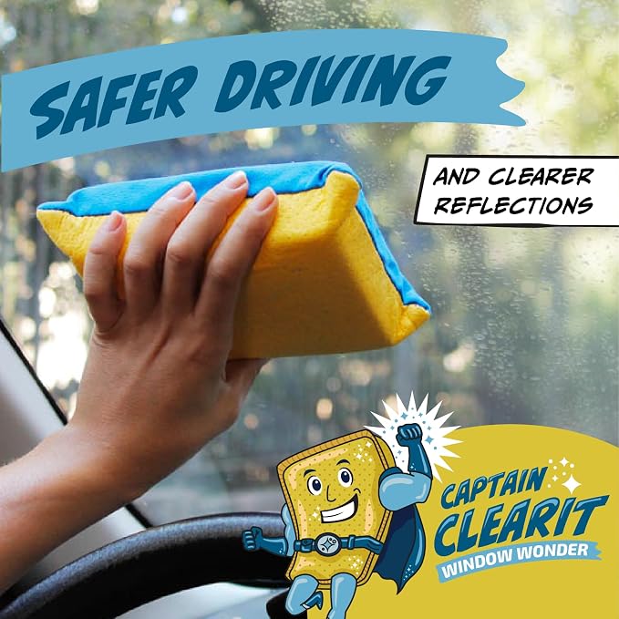 Captain Clearit Window Cleaner Sponge for Windshields, 2 Pack | Car window cleaner tool, non-scratch sponge for fog, steam, condensation, mirrors, glass, boats and bathroom surfaces