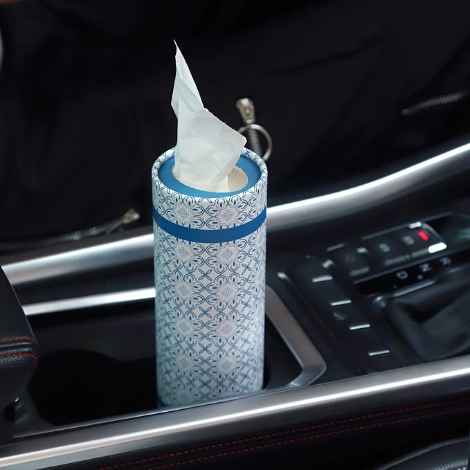 Car Tissues Holder with Facial Tissues - 4 PK - Travel Tissue Tubes Box Container Perfect Fit for Car Cup Holder Car Tissues Cylinder (Blue)