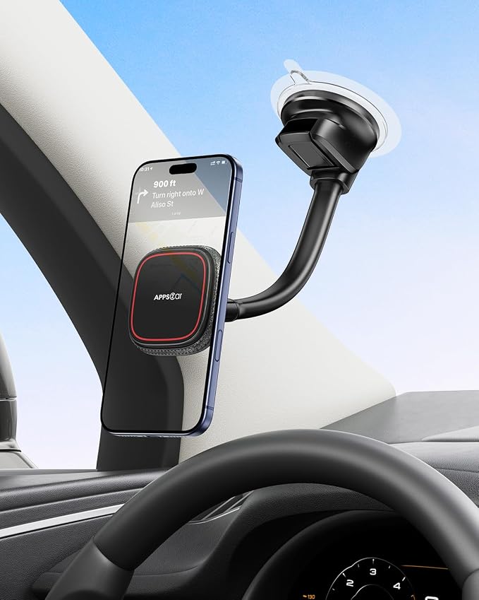 Upgraded for MagSafe Car Mount, Magnetic Car Phone Holder with Flexibile Gooseneck Arm, Suction Cup Holder for Windshield Window Dashboard, Fit for iPhones Smartphones