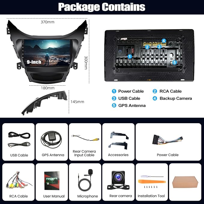 2G 64G for Hyundai Elantra 2011 2012 2013 Android Car Stereo, 9 Inch Touch Screen Car Radio with Wireless CarPlay Android Auto MirrorLink GPS WiFi FM HiFi Steering Wheel Control+AHD Backup Camera
