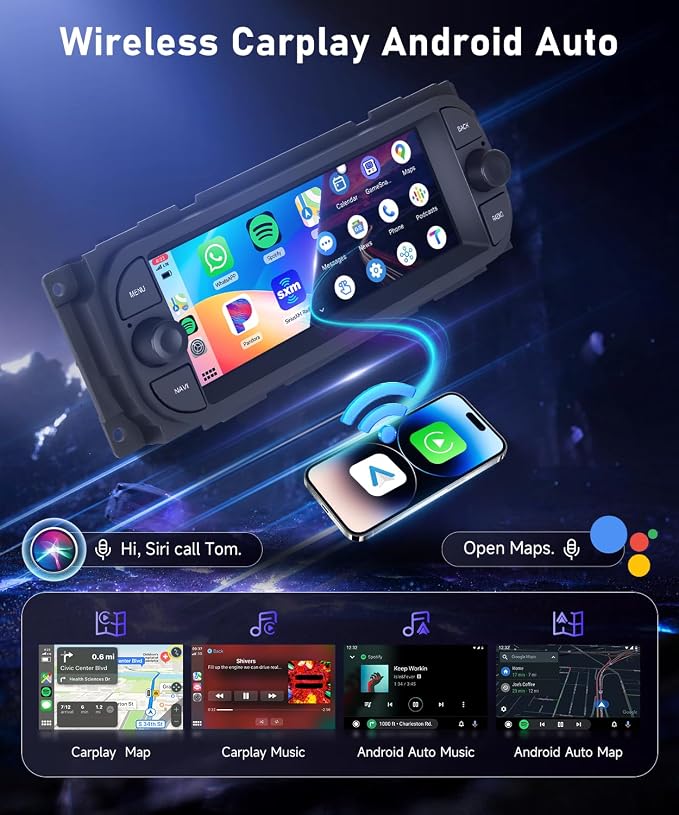 4G+64G Car Radio Stereo for Dodge RAM 2002-2006, for Jeep Wrangler 2003-2006,Jeep Grand Cherokee 1999-2004, 6.86" IPS Touchscreen/Wireless CarPlay/Android Auto/BT/GPS/WiFi/AHD Backup Camera