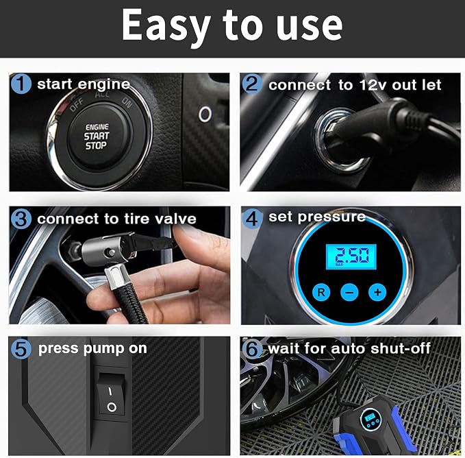 Digital Air Compressor for Car Auto Pump Portable Tire Inflator with LED Light DC 12V, Blue