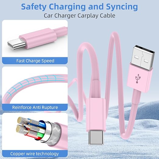 2Pack 3FT USB A to USBC Cable for iPhone 17 16 15 Charger Cord, for Apple 17 16 15/Pro/Pro Max/Plus Type C Cord, for iPad Pro 12.9/11, Air 5th/4th Gen, Car Carplay Charging Cable for Android(Pink)