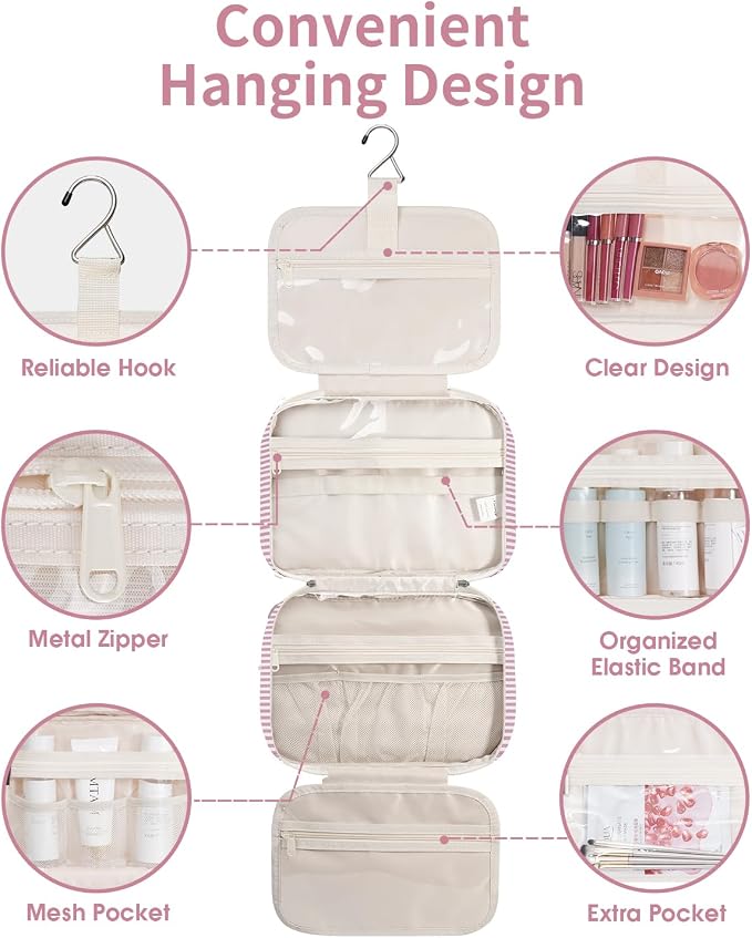 Striped Hanging Toiletry Bag for Women Travel Makeup Bag Organizer Toiletries Bag for Travel Size Essentials Accessories Cosmetics (Dusty Pink Stripe (Medium))