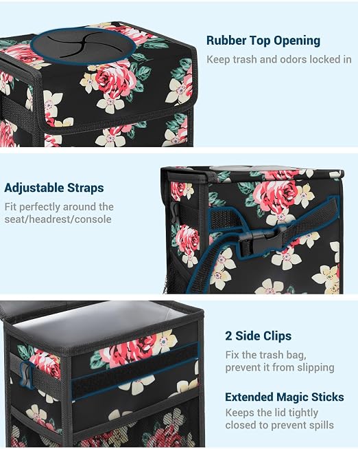 Car Trash Can with Lid, Leakproof Car Trash Bag Hanging Waterproof Automotive Garbage Can with Storage Pockets Mini Vehicle Trash Bin for Back/Front Seat(Flower,2.5 Gallon)