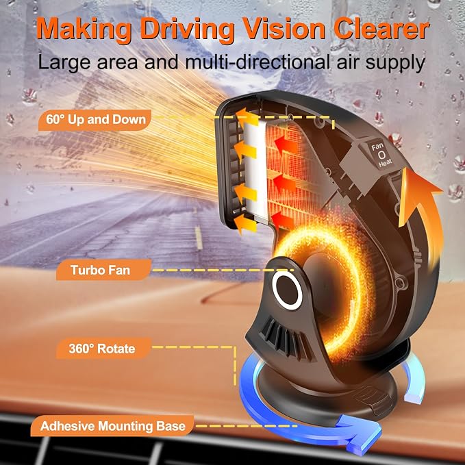 Car Heater,12V 150W Portable Heaters for Car,Plugs into Cigarette Lighter,360° Adjustable Fast Heating Auto Car Window Defroster Windshield Defogger,2 in 1 Heating & Cooling Automobile Heater(Black)