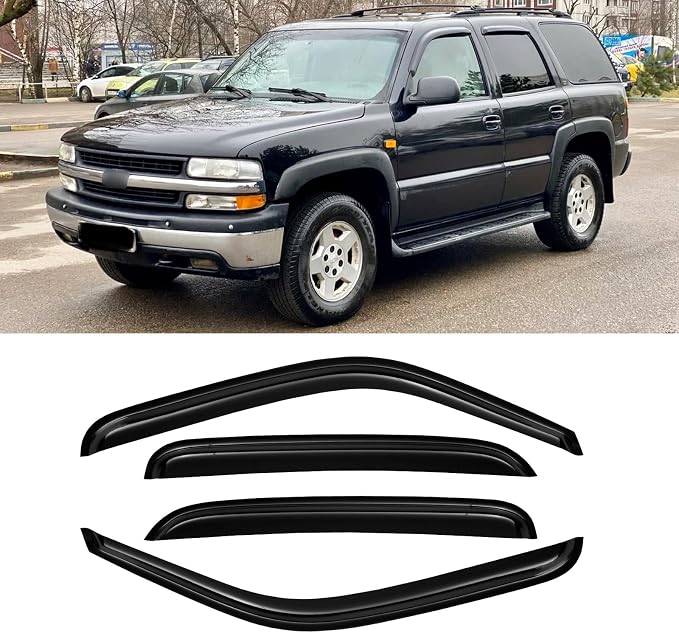 Window Visors for 2000-2006 Chevrolet(Chevy) Tahoe & GMC Yukon (Not fit Yukon XL), Rain Guards Shields Vent Deflector Shade Dark Smoke 2002-2006 Cadillac Escalade, Tape-On, 4PCS