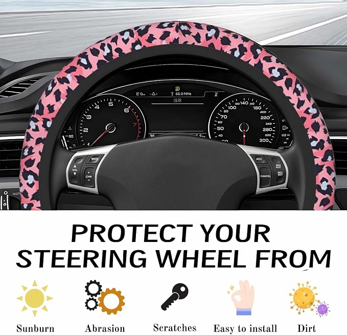 Steering Wheel Cover Accessories Neoprene Cover, Breathable Non-Slip Easy to Install Suitable for Women Men, 14.5-15.5 Inch for Car SUV Van Truck Universal - Pink Small Panther