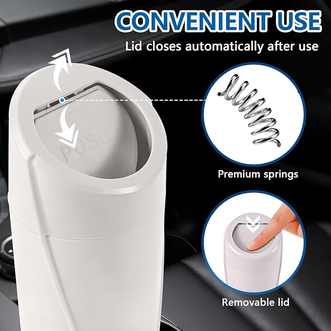 Mini Car Trash Can with Lid, Portable Garbage Can for Car, Leakproof Cup Holder Automotive Garbage Bin with 2 Rolls of Trash Bags, Small Trash Storage Can for Car Home Office(White)