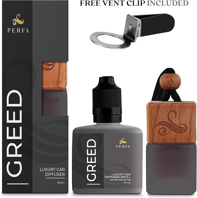 Greed Gift Set with Refill Bottle | Perfume Inspired Car Fragrances | Strong Car Freshener with Odor Eliminator Technology | Greed Automotive Freshener by