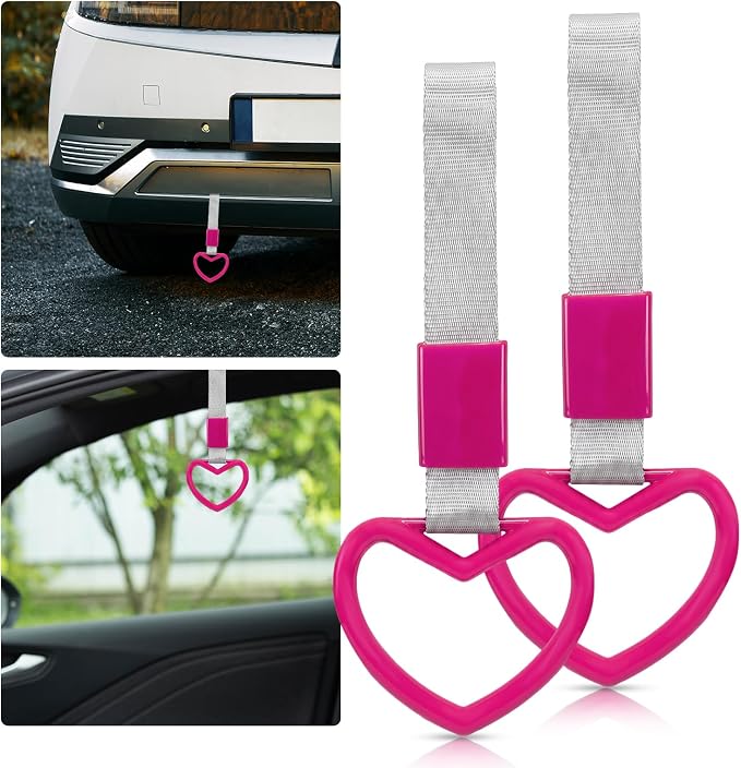 2 Pcs Heart Shaped Car Handle Strap – JD M Drift Charm Rear Bumper Warning Ring Decor for Car Interior Exterior, Subway Bus Handle Accessory, Cute Heart Car Decor Gift for Drivers (Hot Pink-Silver)