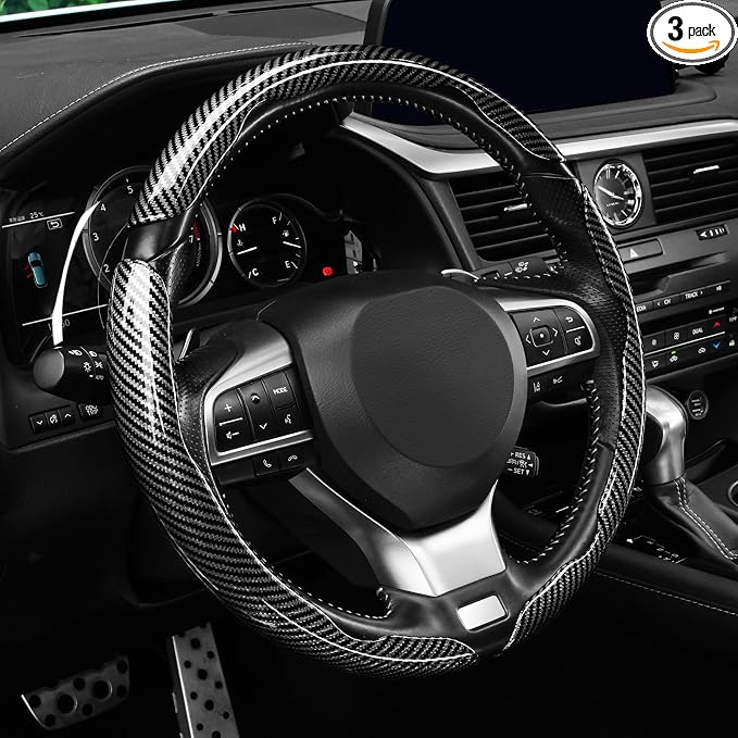 3pcs Carbon Fiber Anti-Skid Steering Wheel Cover, Waterproof Design, Universal Fit for 14-16 Inch Car Wheel Cover, Interior Car Accessories for Jeeps, SUVs, Trucks (Glossy Black)