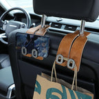 Car Headrest Hooks Universal Car Purse Hook Premium Leather and Alloy Twin Hook Car Seat Back Storage Hanger Hook for Purse Bags Cloth Drink Durable Holder Car Accessories (BH09-Brown-Black-4 Pcs)