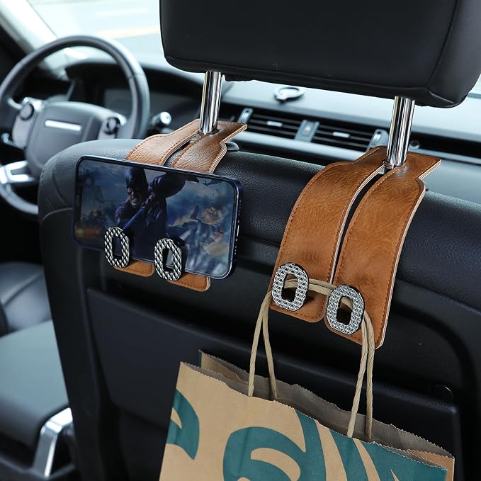 Car Headrest Hooks Universal Car Purse Hook Premium Leather and Alloy Twin Hook Car Seat Back Storage Hanger Hook for Purse Bags Cloth Drink Durable Holder Car Accessories (BH09-Brown-Black)