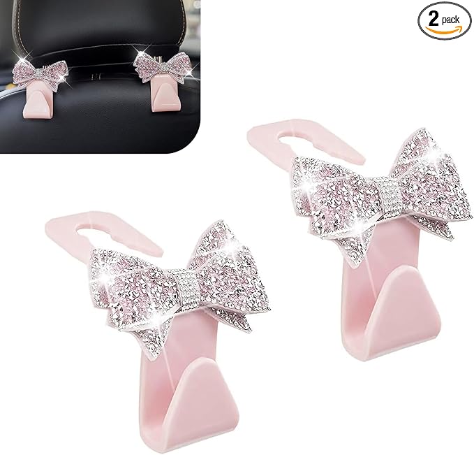 2 PCS Bling Car Seat Headrest Hooks, Crystal Rhinestone Bow Car Purse Hooks, Vehicle Seat Back Storage Hook for Handbag Purse Coat Grocery, Universal for SUV Truck Sedan (Pink)